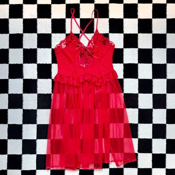 Vintage Red Lace Peignoir Nightgown Slip XL